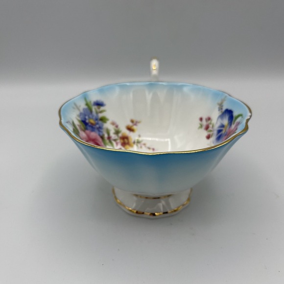 Vtg Queen Anne Cup Saucer Turquoise Blue Floral Cabbage Rose Footed Gold Trim - Picture 5 of 12